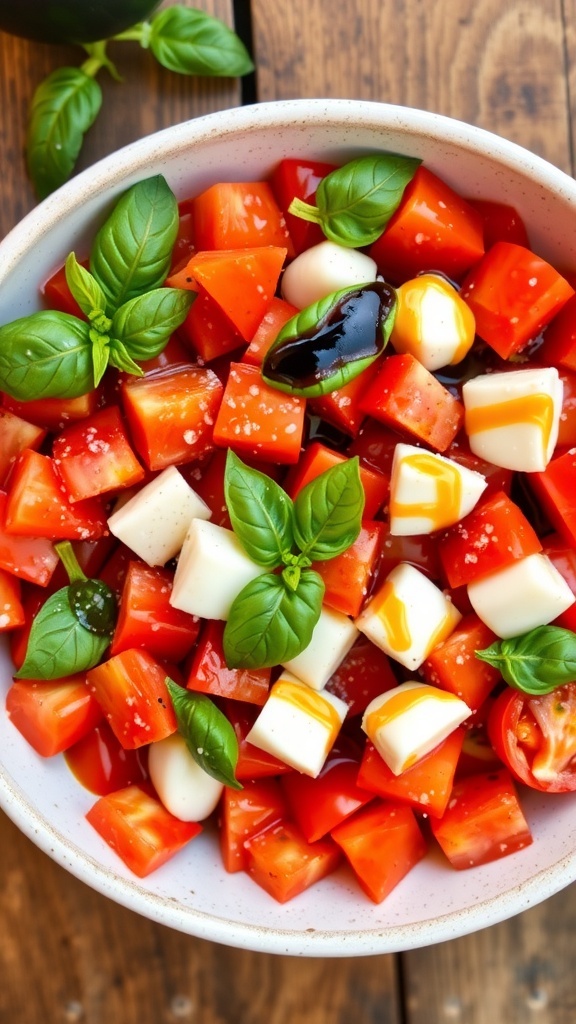 A colorful fresh tomato salad with mozzarella and basil, drizzled with olive oil and balsamic vinegar.